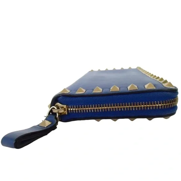 Valentino Blue Leather Rockstud Zip Around Wallet